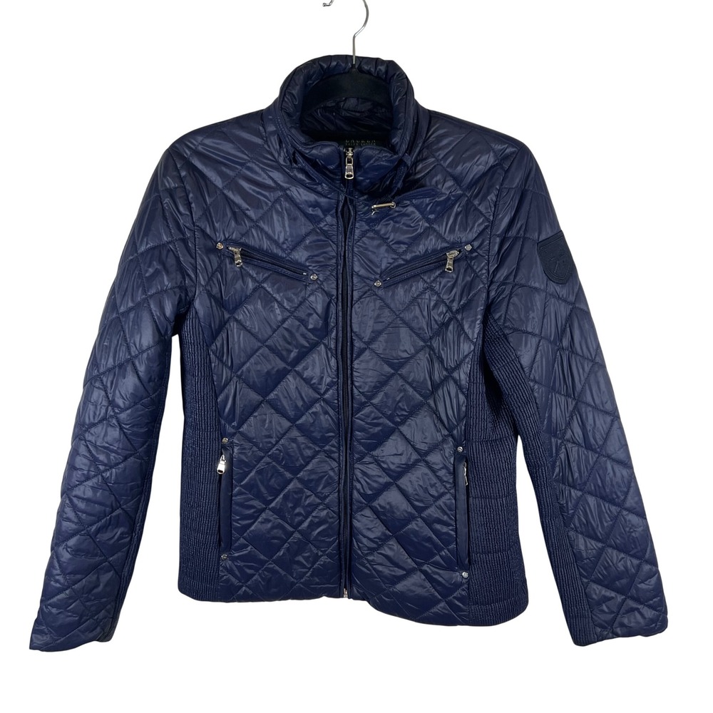 Lauren Ralph Lauren Navy Blue Diamond Quilted Puffer Jacket Ribbed Panels Medium